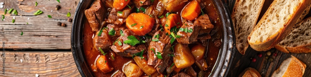Close-up view of a hearty portion of beef stew in a large bowl on a rustic wooden table, accompanied by goulash and bread. This tasty meat dish includes tender carrots and potatoes. Close-up view of a hearty portion of beef stew in a large bowl on a rustic wooden table, accompanied by goulash and bread. This tasty meat dish includes tender carrots and potatoes.