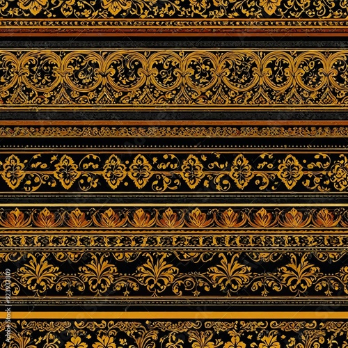 A unique wallpaper design featuring black and gold stripes with intricate ornaments