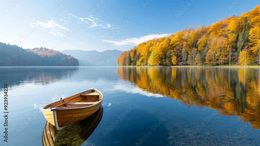 A small boat sits in a lake surrounded by trees A small boat sits in a lake surrounded by trees