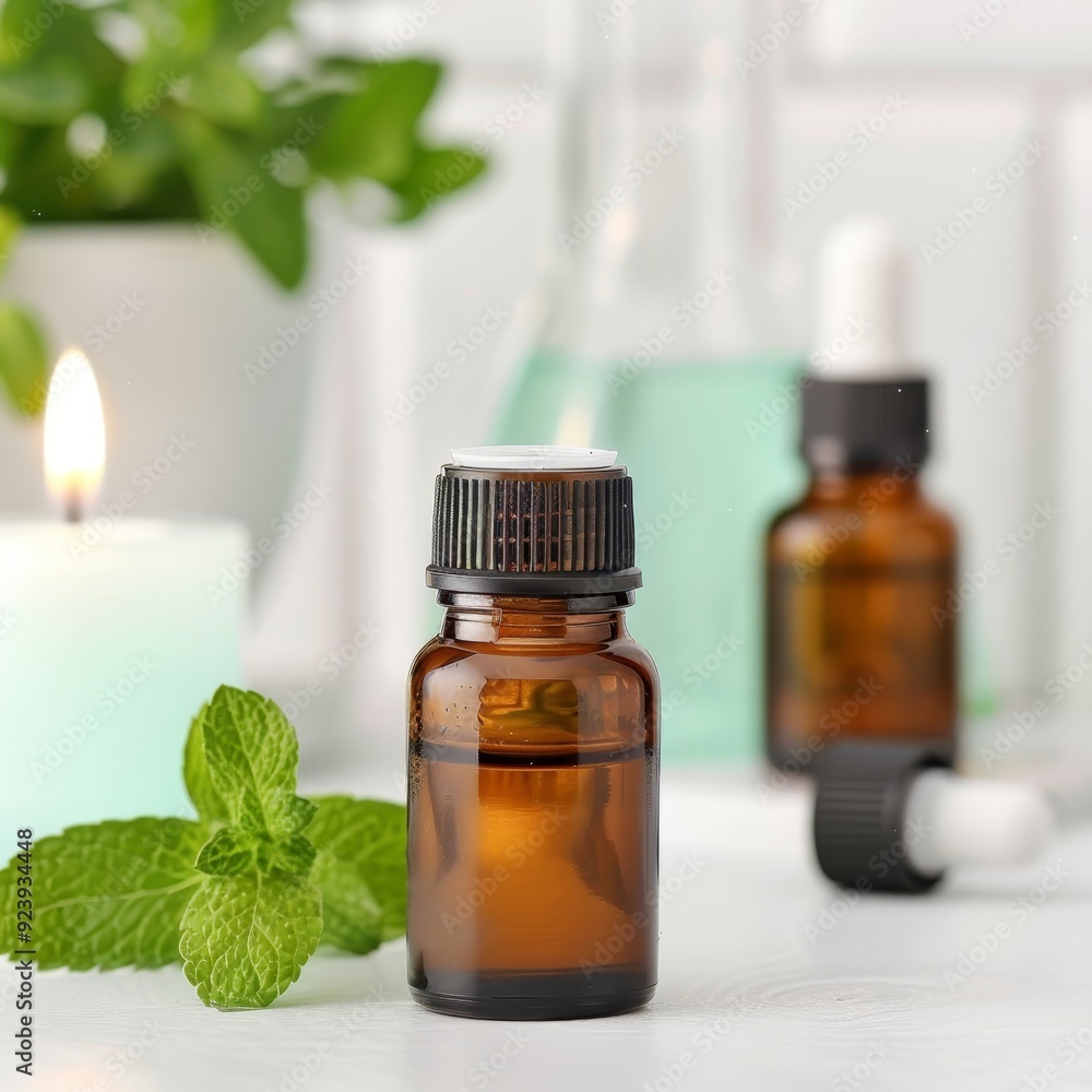 A bottle of essential oil is next to a bunch of mint leaves A bottle of essential oil is next to a bunch of mint leaves