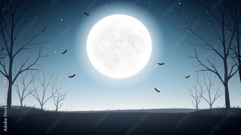 Fototapeta premium A moon is shining in the sky with bats flying around it
