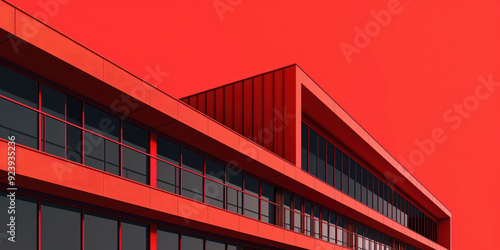 Modern Red Building Facade with Glass Windows in Geometric Architecture Design