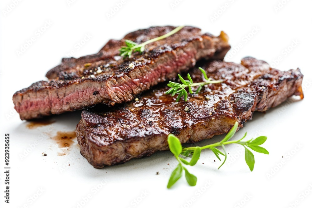 Flank Steak on White Background. Grilled meat plate, beef dinner meal cooked on bar-b-q Flank Steak on White Background. Grilled meat plate, beef dinner meal cooked on bar-b-q