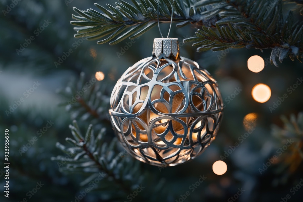 A stunning glass and metal ornament hangs from a festive Christmas tree, showcasing its intricate design and shiny finish. The ornament's beauty is amplified by the tree's twinkling lights. A stunning glass and metal ornament hangs from a festive Christmas tree, showcasing its intricate design and shiny finish. The ornament's beauty is amplified by the tree's twinkling lights.