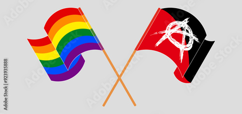 Crossed and waving flags of LGBTQ and Anarchy