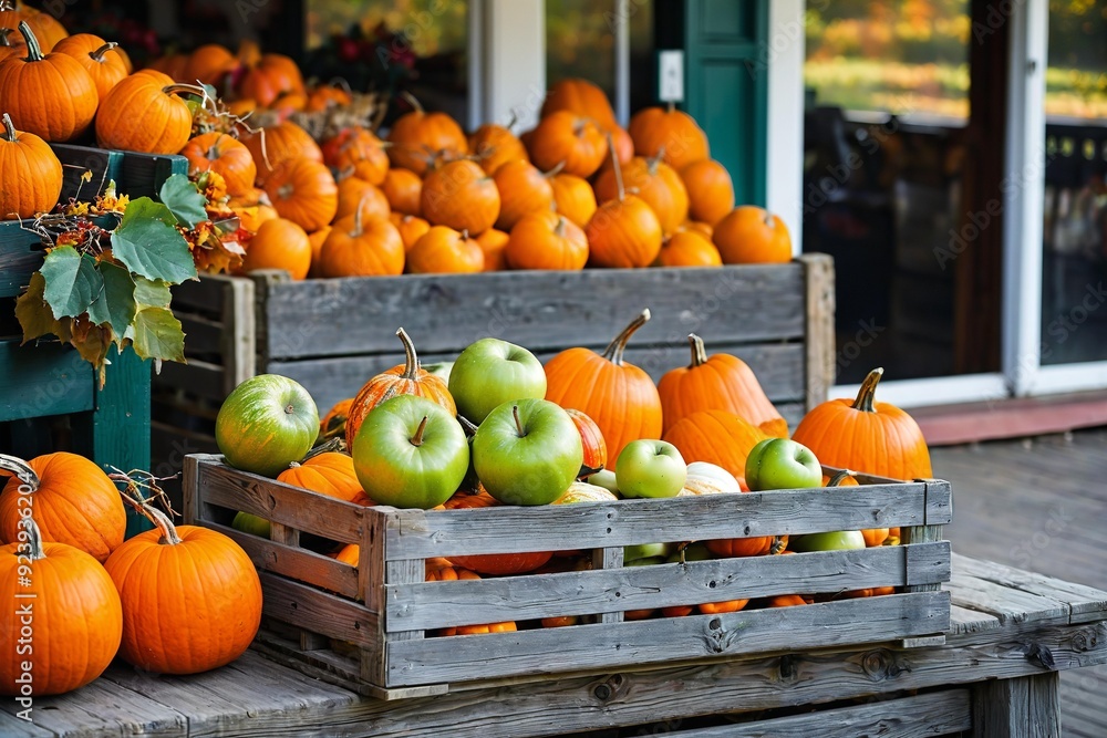 A wooden crate filled with fresh green apples and oranges, perfect for grocery store display or still life photography A wooden crate filled with fresh green apples and oranges, perfect for grocery store display or still life photography