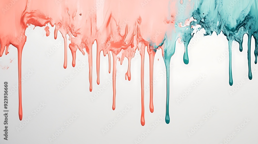 Fototapeta premium Vivid Coral Paint Dripping with Mint Green and Indigo Splashes on White Background