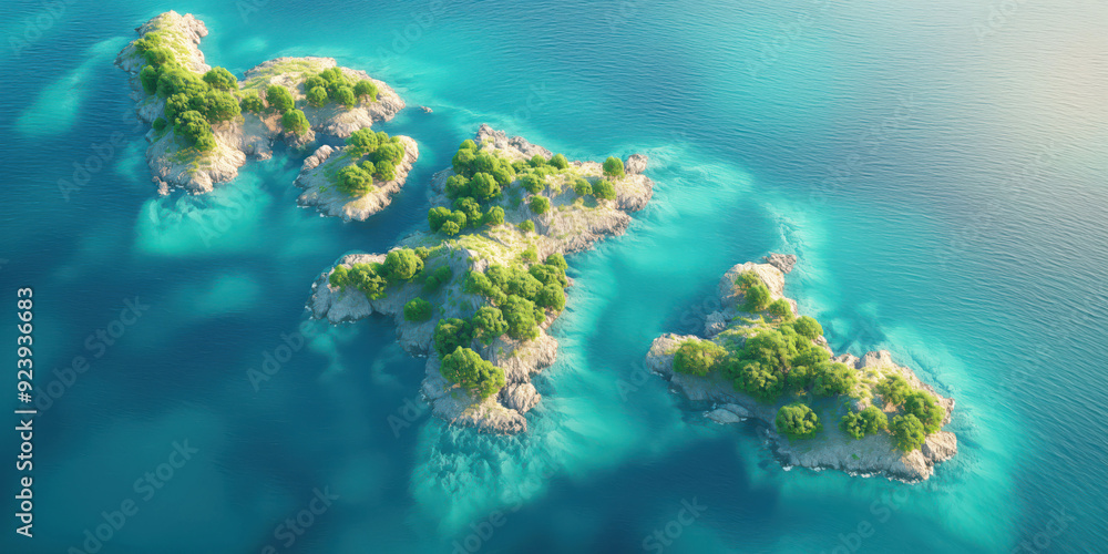 Aerial View of Lush Green Island Clusters in Turquoise Blue Ocean Aerial View of Lush Green Island Clusters in Turquoise Blue Ocean