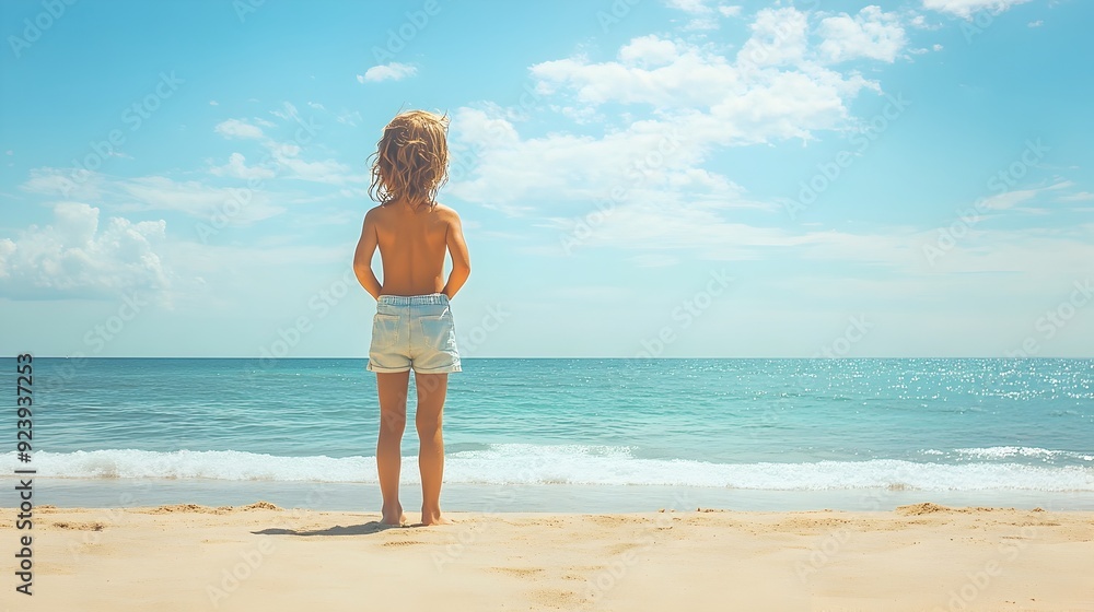 A child standing at a picturesque beach gazing at the serene ocean on a sunny day A child standing at a picturesque beach gazing at the serene ocean on a sunny day