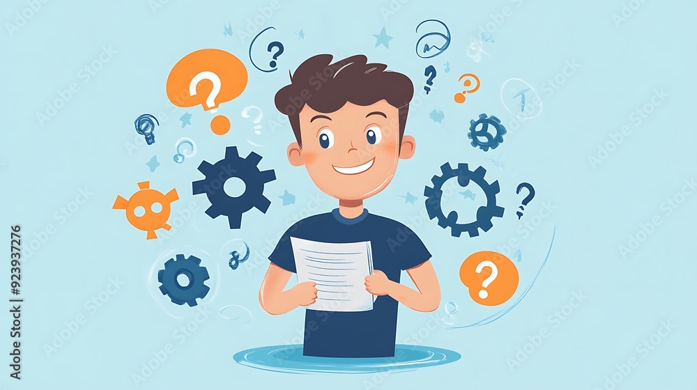 Creative Brainstorming Concept with Young Man Surrounded by Gears and Question Marks on Light Blue Background - Vector Illustration in Cartoon Style Creative Brainstorming Concept with Young Man Surrounded by Gears and Question Marks on Light Blue Background - Vector Illustration in Cartoon Style