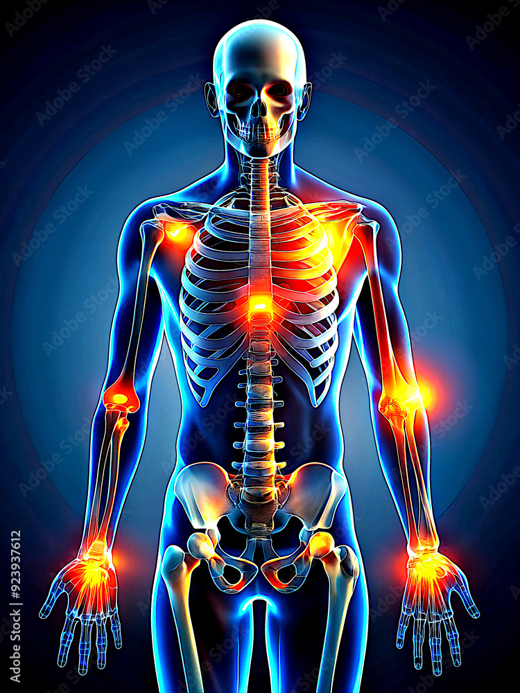 Medical diagram of joints for educational purposes, orange joints highlighted for better understanding of inflammation. AI Generation. Medical diagram of joints for educational purposes, orange joints highlighted for better understanding of inflammation. AI Generation.