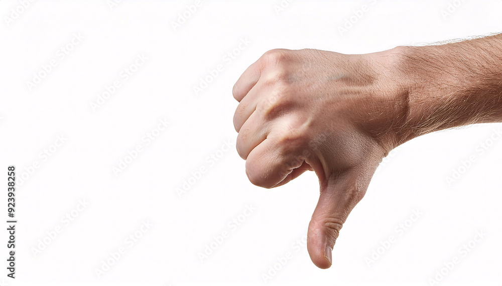 A hand with a thumb pointing downwards, a gesture of disapproval, isolated on white background. Generative AI A hand with a thumb pointing downwards, a gesture of disapproval, isolated on white background. Generative AI