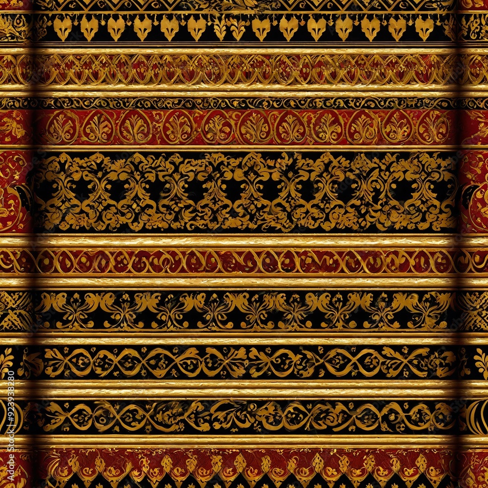 A close-up view of a vibrant red and black striped carpet A close-up view of a vibrant red and black striped carpet