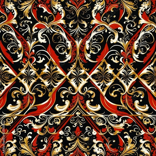 A black and red background featuring gold and red designs