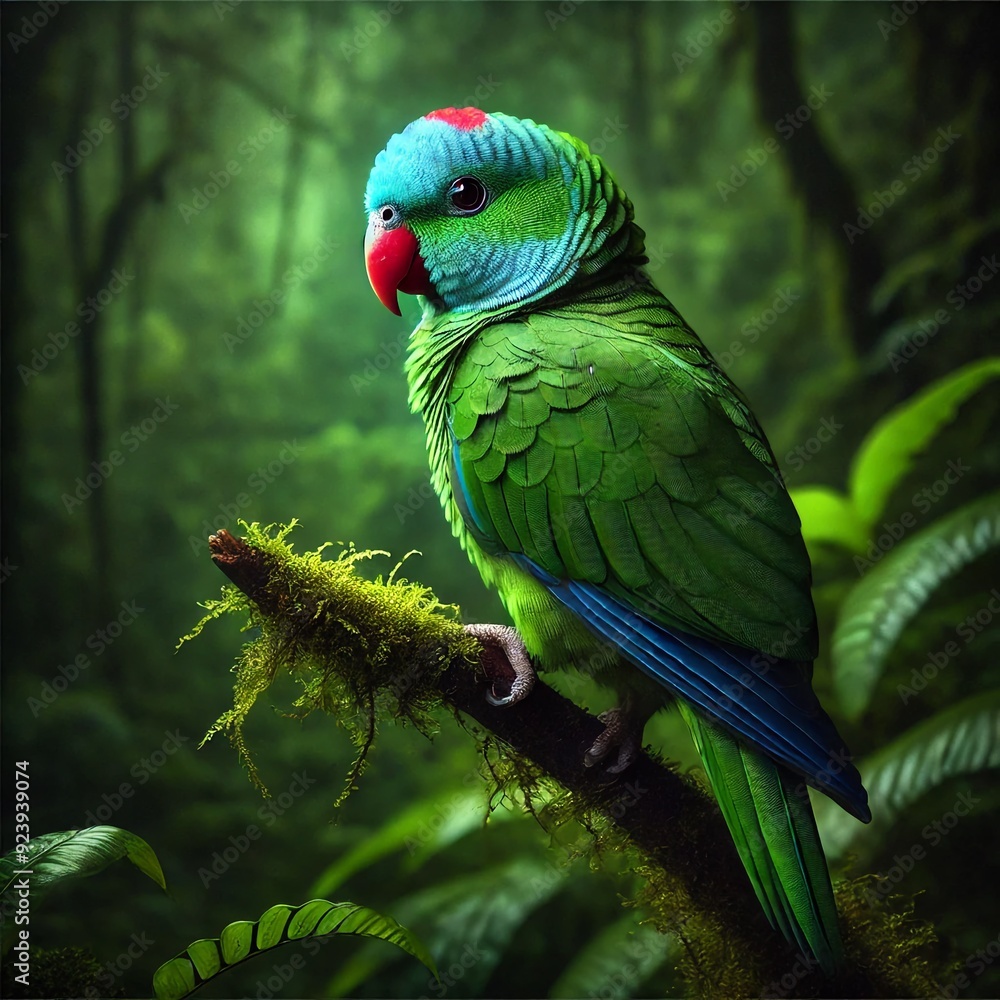 Blue-naped parrot, Tanygnathus lucionensis, colorful parrot, native to Philippines. Green parrot with red beak and light blue rear crown sitting on twig isolated against dark green jungle background.
Blue-naped parrot, Tanygnathus lucionensis, colorful parrot, native to Philippines. Green parrot with red beak and light blue rear crown sitting on twig isolated against dark green jungle background.