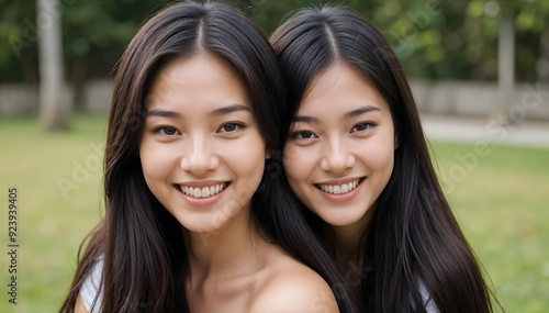 Two young asian women with long dark hair and bright smiles, posing together in front of a blurred natural background