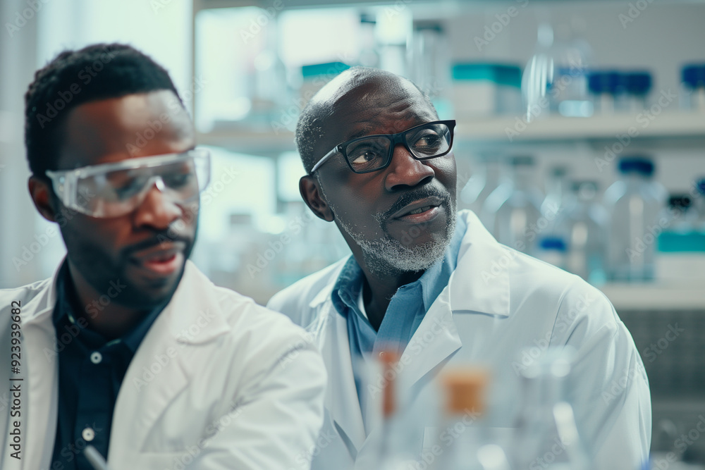 Experienced scientists discussing findings with a colleague in a lab, professional mood. Generative AI Experienced scientists discussing findings with a colleague in a lab, professional mood. Generative AI