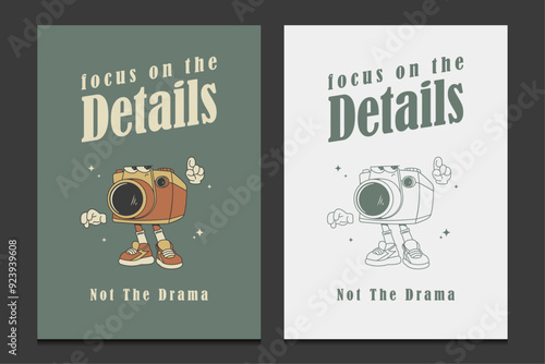 retro poster or wall art with a cartoon camera character, vector illustration