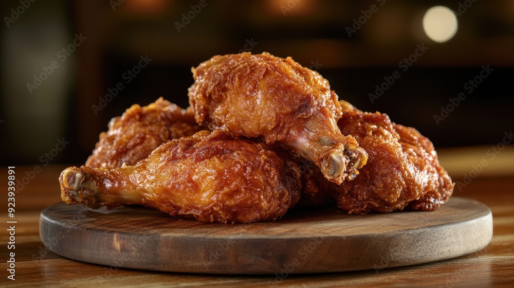 Crispy Fried Chicken Drumsticks - Close-up of crispy fried chicken drumsticks served on a wooden platter, highlighting the deliciously golden-brown crust. Crispy Fried Chicken Drumsticks - Close-up of crispy fried chicken drumsticks served on a wooden platter, highlighting the deliciously golden-brown crust.