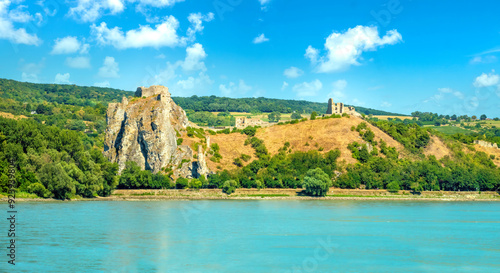 Photography View of the ruins of the Devin Castle on the shores of the Danube river, Devin,