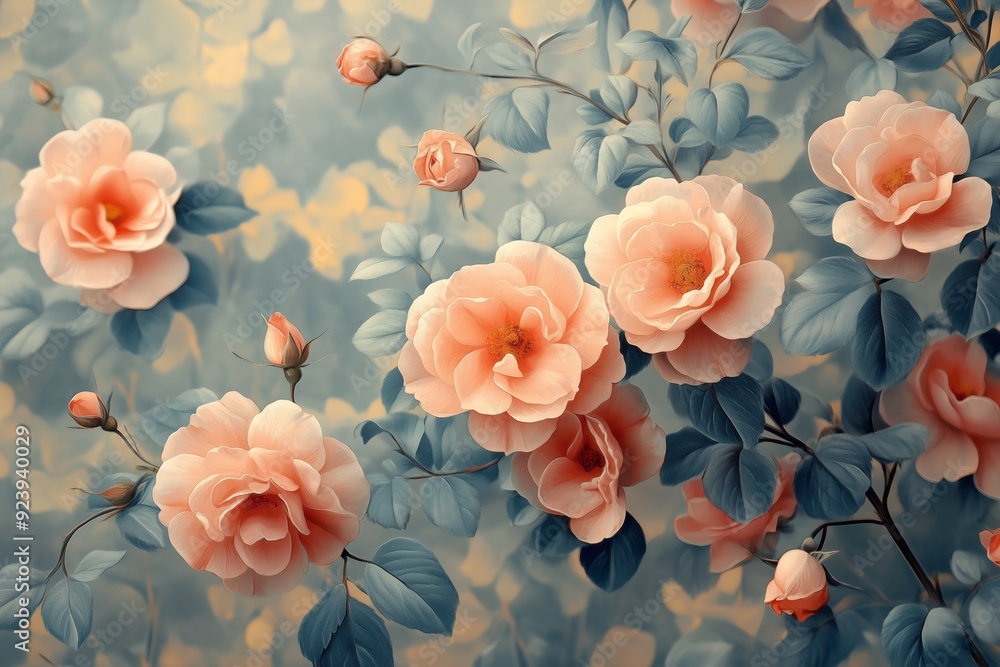 Delicate pink roses bloom against a soft blue background, highlighting intricate petals and green leaves Delicate pink roses bloom against a soft blue background, highlighting intricate petals and green leaves