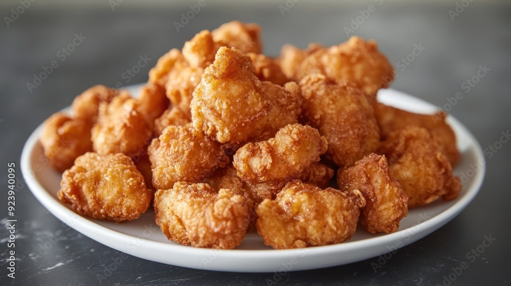 Crispy Popcorn Chicken on White Plate - Close-up of crispy popcorn chicken pieces served on a white plate, showcasing their golden, crunchy texture, perfect for a snack or meal. Crispy Popcorn Chicken on White Plate - Close-up of crispy popcorn chicken pieces served on a white plate, showcasing their golden, crunchy texture, perfect for a snack or meal.