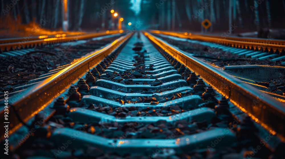 Railroad tracks converging towards a cityscape under evening lights. Railroad tracks converging towards a cityscape under evening lights.