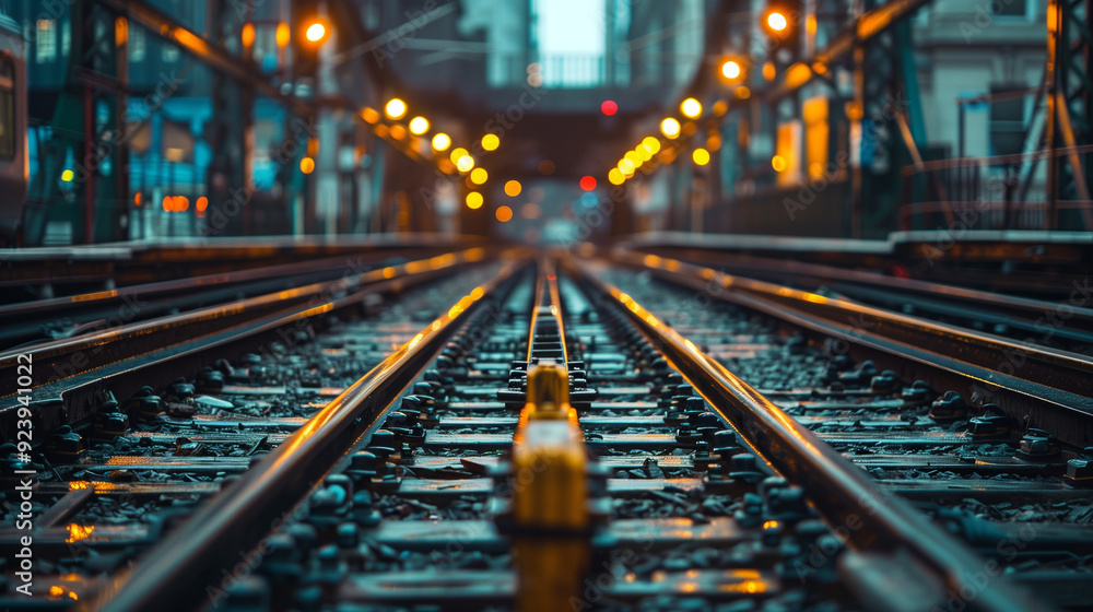 Railroad tracks converging towards a cityscape under evening lights. Railroad tracks converging towards a cityscape under evening lights.