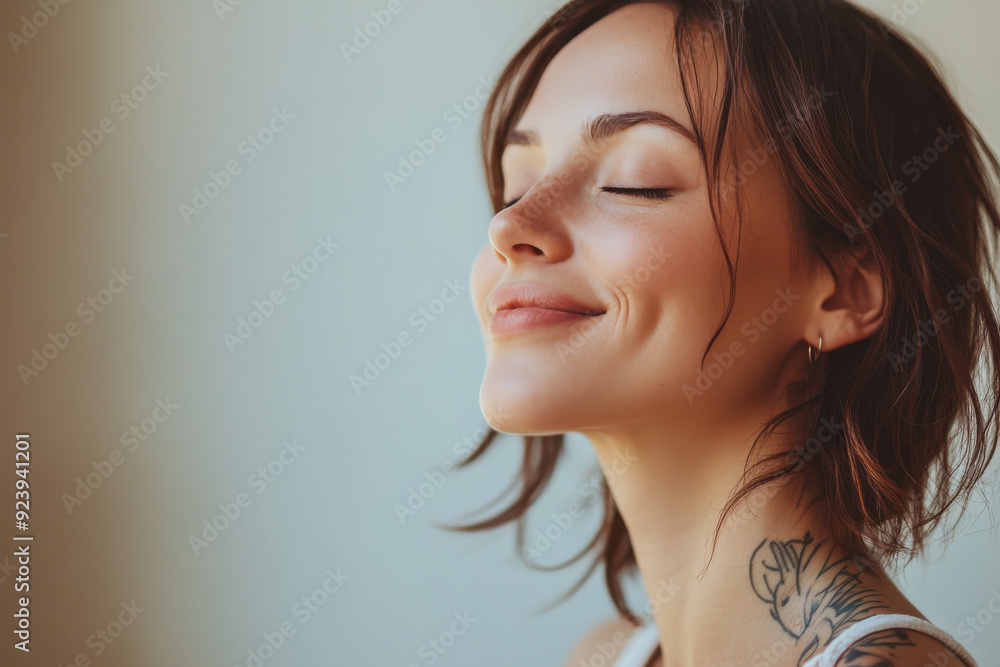 Fototapeta premium A close up of a woman's face with tattoos and her eyes closed