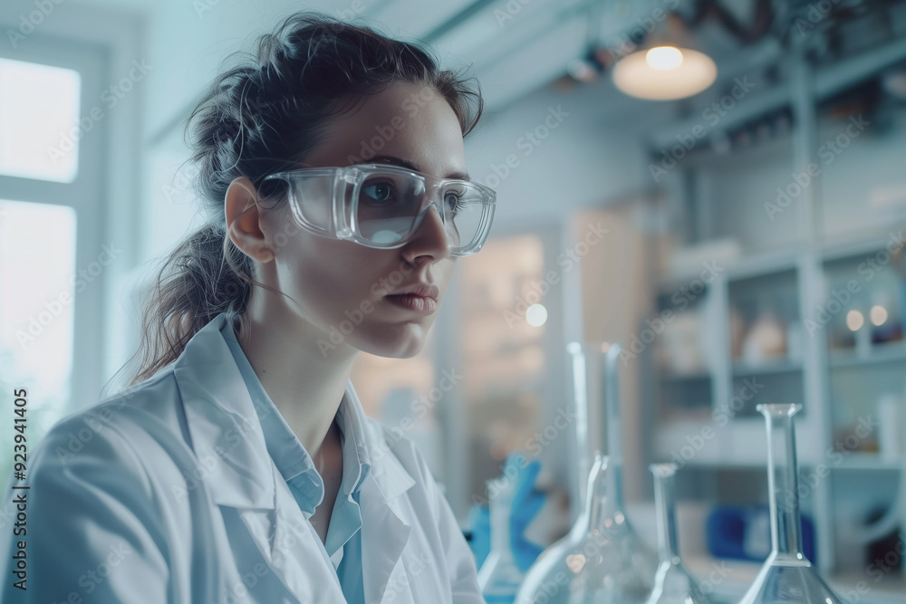 Woman scientist in lab looking at tubes on shelves. Generative AI Woman scientist in lab looking at tubes on shelves. Generative AI