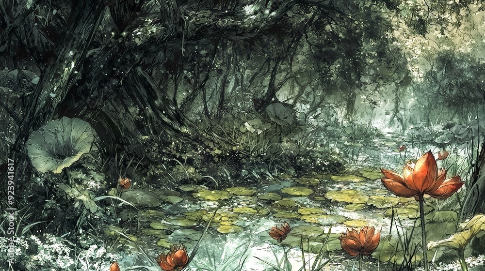 Enchanted Forest Floor with Mushrooms and Twisted Roots Enchanted Forest Floor with Mushrooms and Twisted Roots