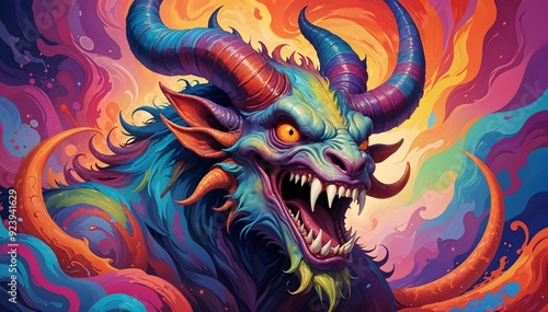 A colorful and fantastical depiction of a fierce dragon-like creature with sharp teeth, horns, and glowing eyes against a vibrant, fiery background