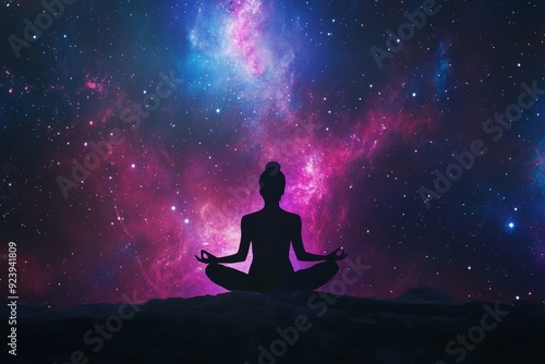 8k, uhd, meditation silhouette with universe backgroud shutterstock photo