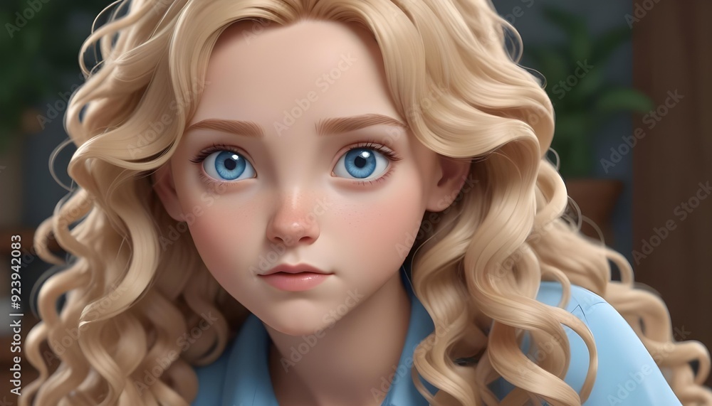 Fototapeta premium A young 12 year old Caucasian girl with long curly blonde hair and bright blue eyes, wearing a blue dress against a blurred nature background