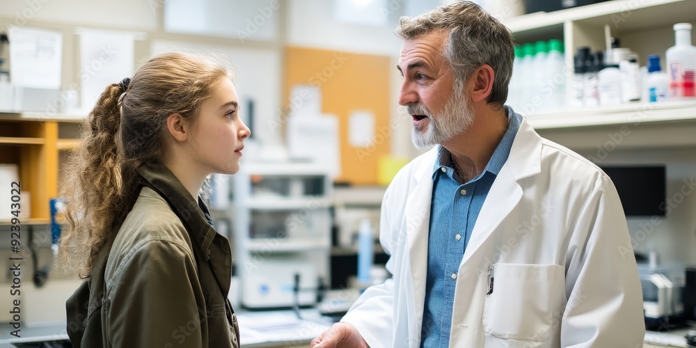 A professor and a student discussing research results in a university lab surrounded by scientific equipment and data charts academic partnership A professor and a student discussing research results in a university lab surrounded by scientific equipment and data charts academic partnership