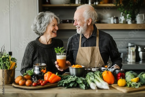 An elderly man and woman laughing and sharing a moment while preparing a nutritious smoothie, healthy eating and togetherness