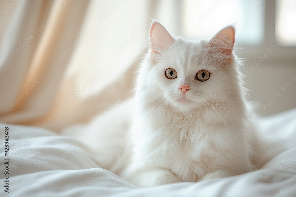 A fluffy white cat with bright eyes rests comfortably on a soft, white bed in a warmly lit room. The serene atmosphere highlights the cat's calm and content expression, creating a cozy and tranquil sc A fluffy white cat with bright eyes rests comfortably on a soft, white bed in a warmly lit room. The serene atmosphere highlights the cat's calm and content expression, creating a cozy and tranquil sc