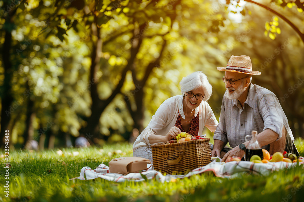 Happy senior couple enjoying a picnic in a park, natural daylight, cheerful mood. Generative AI Happy senior couple enjoying a picnic in a park, natural daylight, cheerful mood. Generative AI