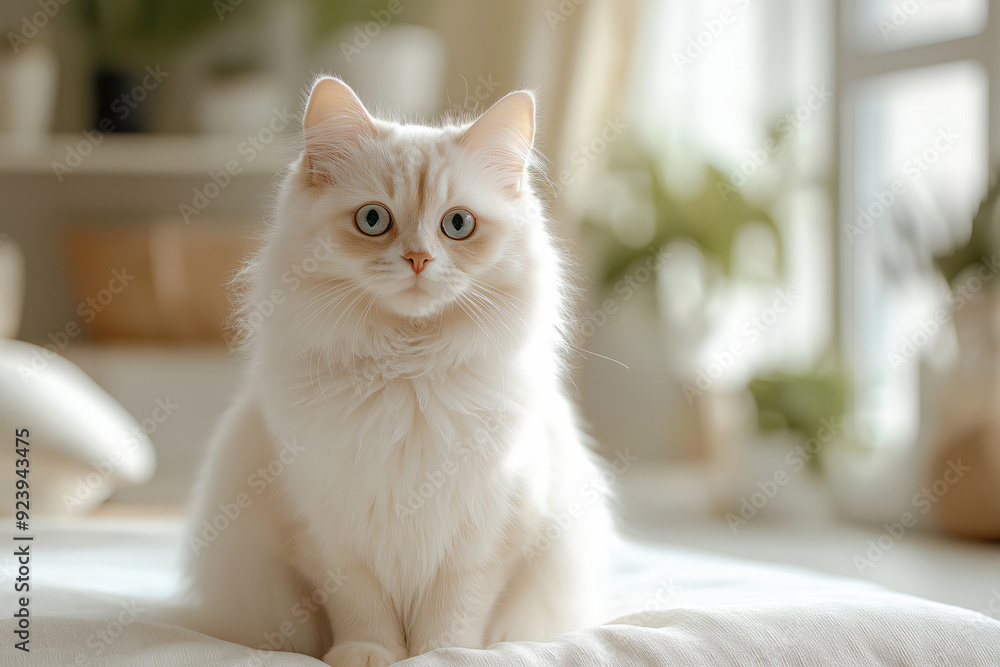 A fluffy cream-colored kitten with wide blue eyes sits calmly in a bright, softly lit room. The background features blurred indoor plants and warm tones, creating a cozy and serene atmosphere.
A fluffy cream-colored kitten with wide blue eyes sits calmly in a bright, softly lit room. The background features blurred indoor plants and warm tones, creating a cozy and serene atmosphere.