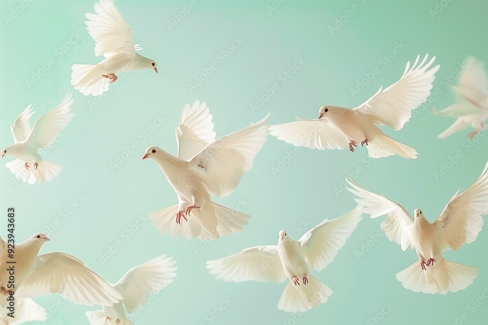 Obraz premium Graceful white doves in mid-flight against a soft green sky, embodying peace, purity, and the freedom of nature