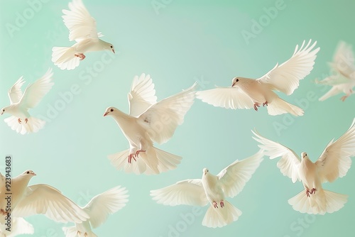 Graceful white doves in mid-flight against a soft green sky, embodying peace, purity, and the freedom of nature