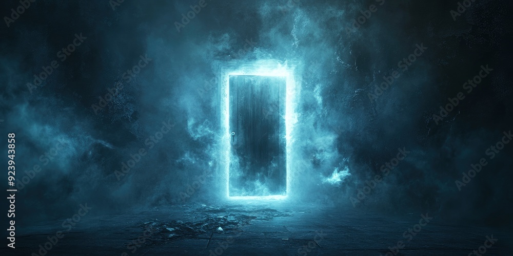 Open magical doors in a dark room. Fantasy abstract magical background with a portal, glow, smoke, smog , ai Open magical doors in a dark room. Fantasy abstract magical background with a portal, glow, smoke, smog , ai