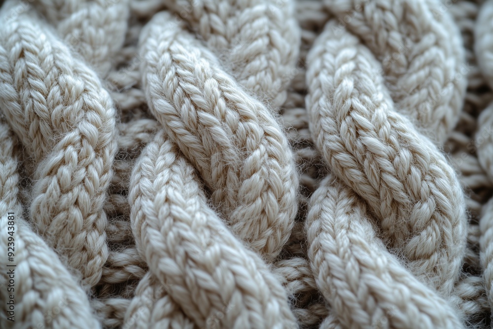 Close-up of intricate cable knit pattern in soft natural yarn, showcasing craftsmanship and texture Close-up of intricate cable knit pattern in soft natural yarn, showcasing craftsmanship and texture
