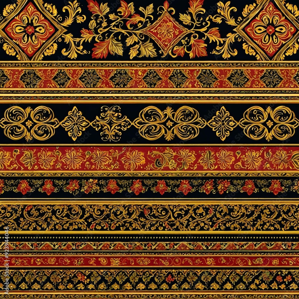 A bold black and red striped pattern featuring intricate gold and red designs, suitable for use in graphic design, packaging or branding A bold black and red striped pattern featuring intricate gold and red designs, suitable for use in graphic design, packaging or branding