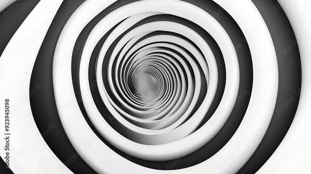 Black and white spiral background, 3D rendering of a tunnel in the center, circular shapes with subtle gradients, minimalist design Black and white spiral background, 3D rendering of a tunnel in the center, circular shapes with subtle gradients, minimalist design