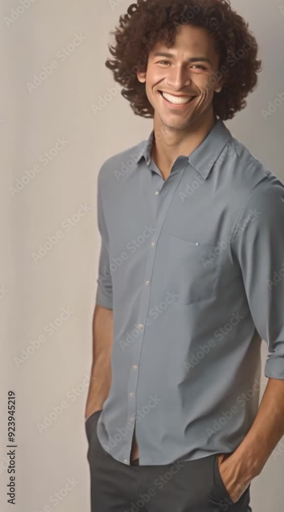 Cheerful student with curly hair and a casual shirt.
Cheerful student with curly hair and a casual shirt.