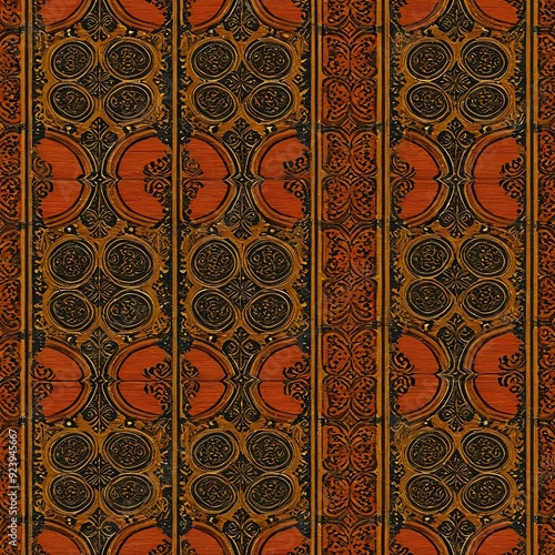 A decorative pattern adorns a deep red and black background