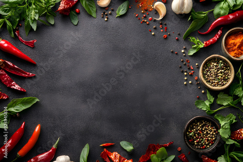 Wallpaper Mural Spicy chili peppers, herbs, and spices arranged around a dark background. Torontodigital.ca