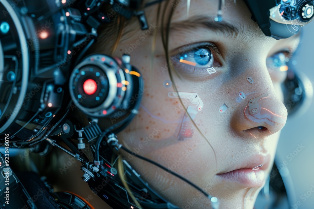 Cybernetic Human Enhancement: A person with advanced cybernetic implants, illustrating the integration of technology into human physiology. Cybernetic Human Enhancement: A person with advanced cybernetic implants, illustrating the integration of technology into human physiology.