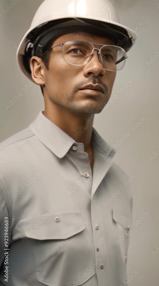 Engineer with a hard hat and safety glasses, serious expression.
Engineer with a hard hat and safety glasses, serious expression.